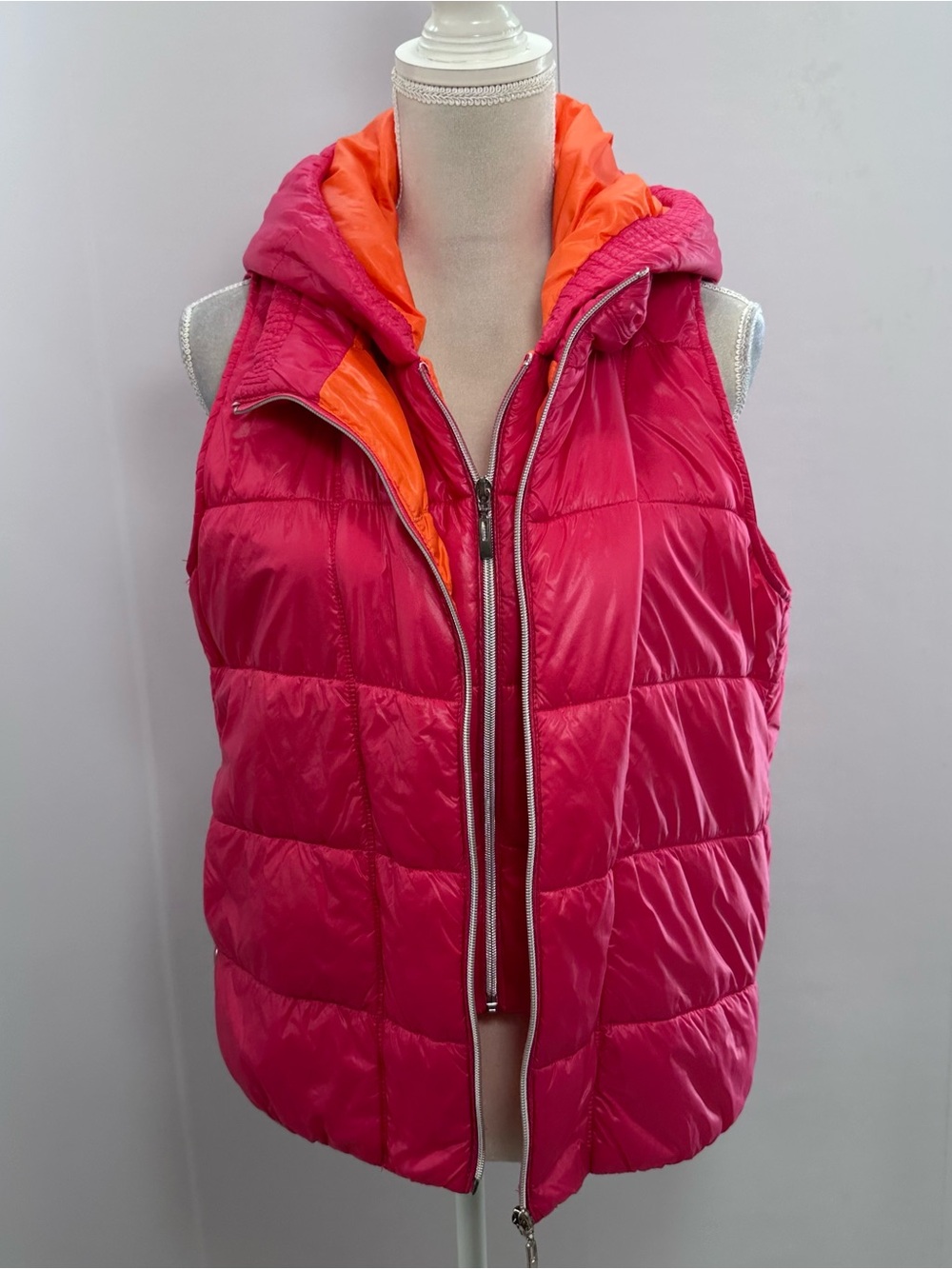 Bright Pink Quilted Hooded Puffer Vest with Orange Hood Lining